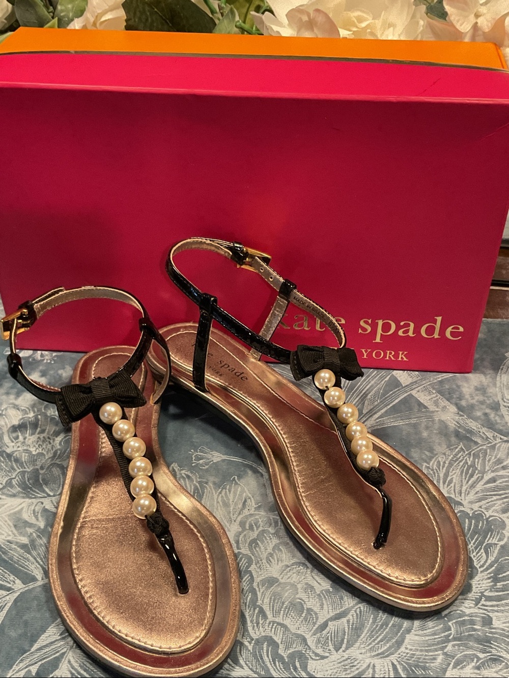kate spade Ivanka Black Pearl-Embellished Bow T-Strap Sandals